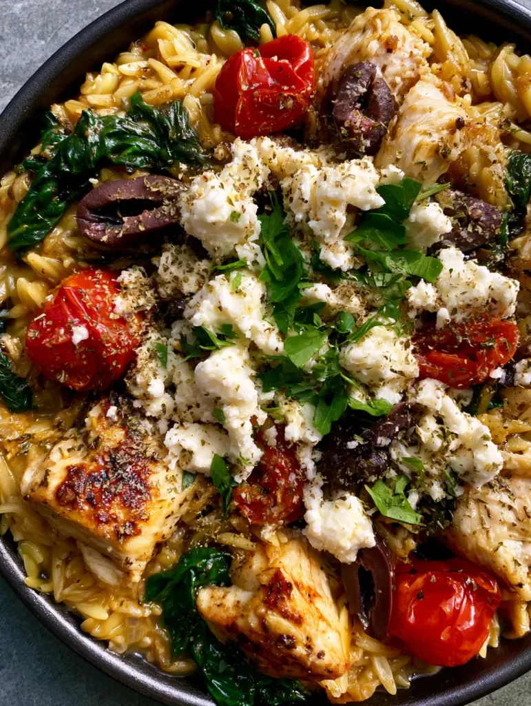 Rustic black skillet containing Mediterranean Chicken Orzo topped with olives, burst cherry tomatoes, and fresh parsley.
