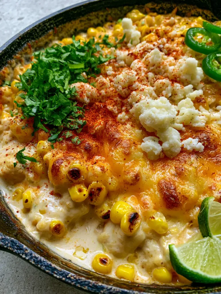 Overhead view of Street Corn Chicken Casserole garnished with cilantro, cotija, and lime wedges.