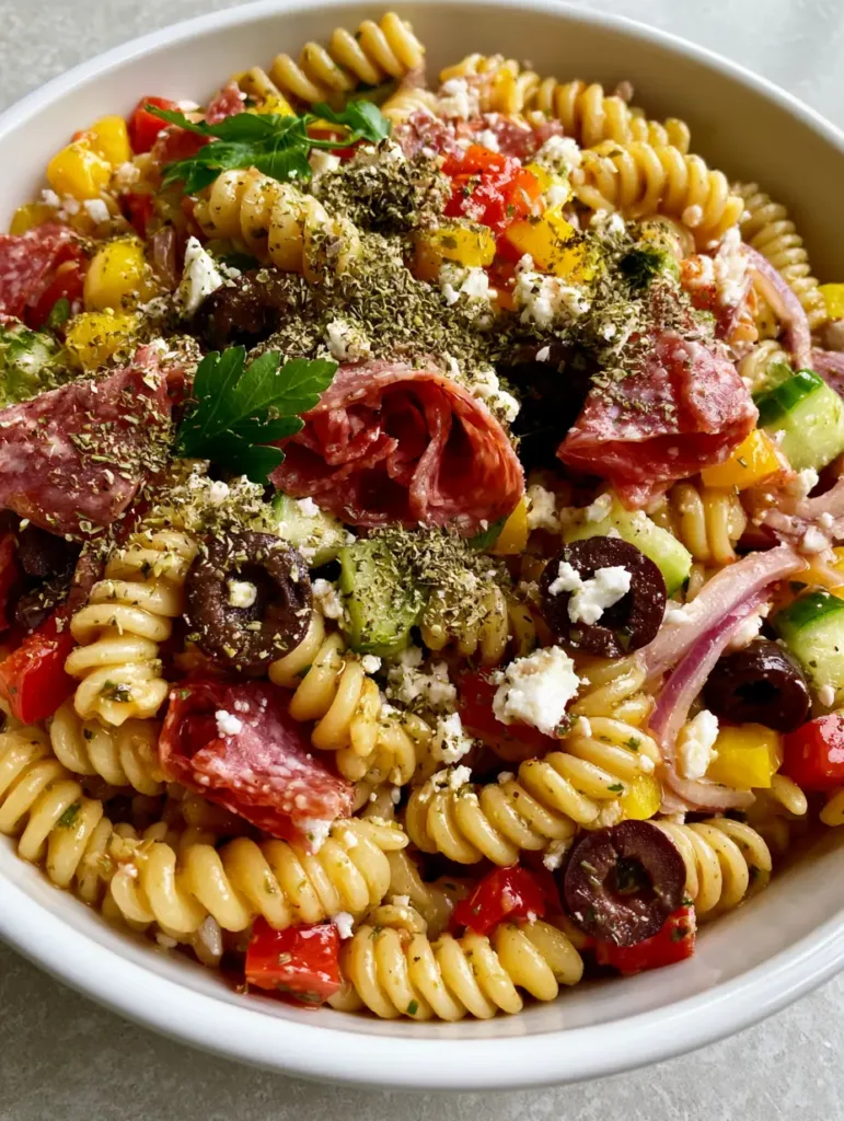 Top-down view of High-Protein Italian Pasta Salad on a stone countertop showing folded salami triangles and crumbled feta.