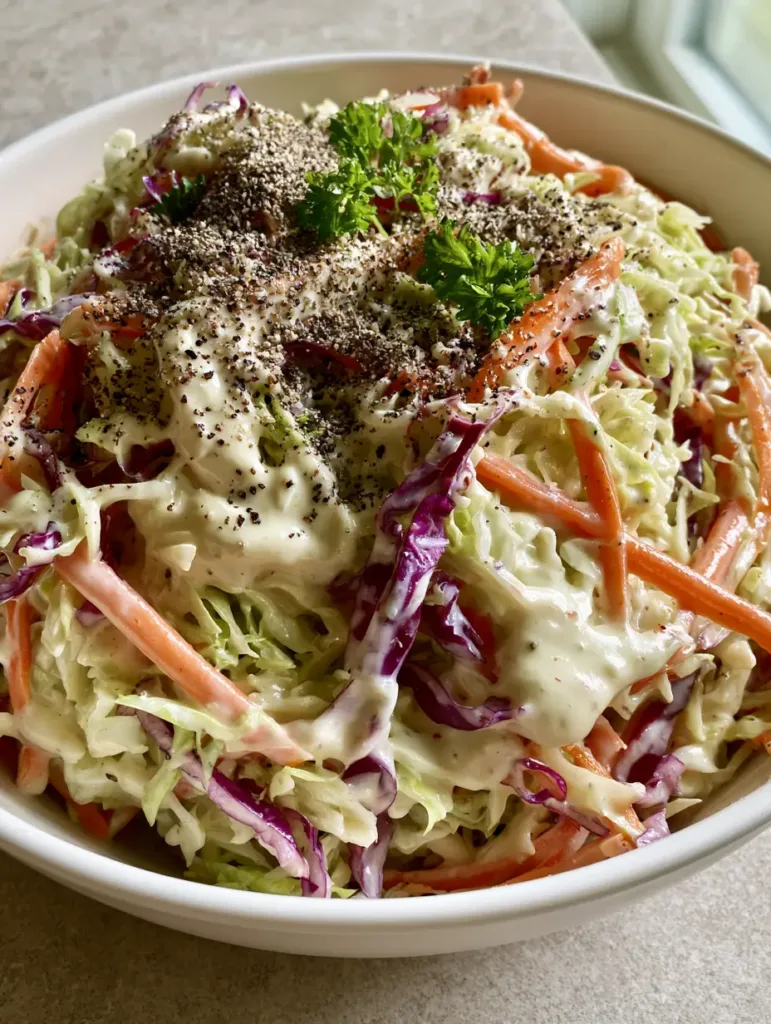 Homemade Coleslaw: The Ultimate Creamy and Crunchy Restaurant-Style Recipe 2 Handheld photo of freshly tossed Homemade Coleslaw garnished with parsley sprigs on a light gray stone countertop in natural light.