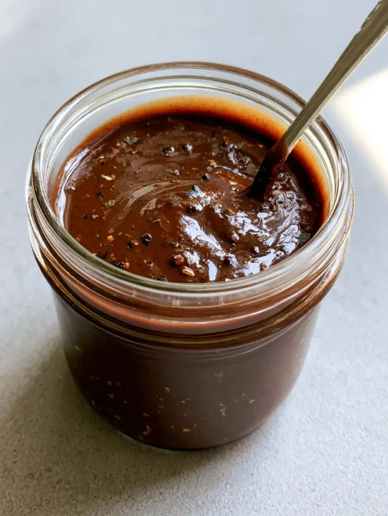 Creamy Balsamic Dressing: The Ultimate Glossy and Thick Emulsified Vinaigrette 3 High-angle view of Creamy Balsamic Dressing in a mason jar on a concrete countertop with natural light highlights.