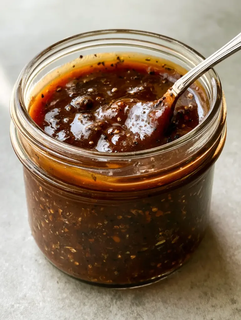 Creamy Balsamic Dressing: The Ultimate Glossy and Thick Emulsified Vinaigrette 2 Close-up of the suspended black pepper and dried oregano flakes in a thick, dark brown balsamic dressing.