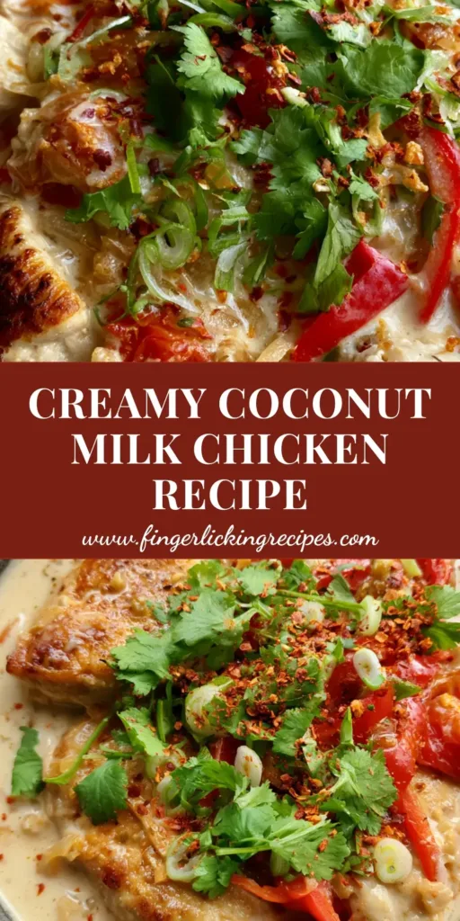 A close-up of Creamy Coconut Milk Chicken in a dark bowl with golden chicken, ivory sauce, and bright red peppers. (Creamy Coconut Milk Chicken)