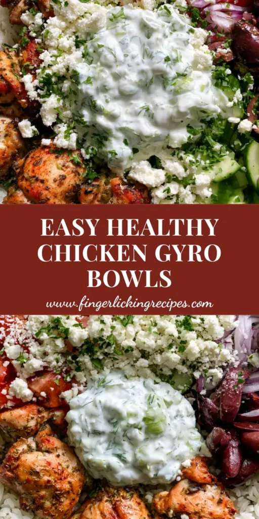 Chicken Gyro Bowls: The Ultimate Mediterranean Meal Prep Solution 5 A top-down view of a ceramic bowl containing Chicken Gyro Bowls with seared chicken, basmati rice, cucumbers, tomatoes, red onions, kalamata olives, and a dollop of tzatziki topped with feta and parsley.