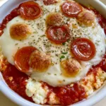 A high-angle handheld smartphone photo of a single-serving white ceramic ramekin containing a baked cottage cheese pizza with visible white curds and vibrant red sauce.