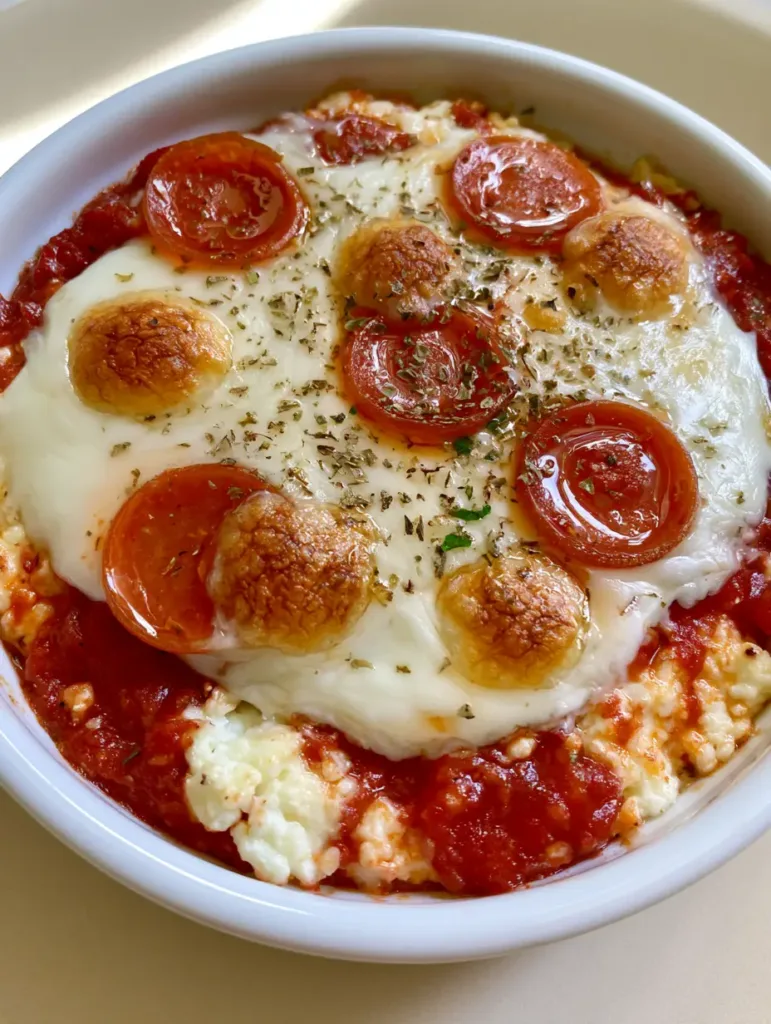 A high-angle handheld smartphone photo of a single-serving white ceramic ramekin containing a baked cottage cheese pizza with visible white curds and vibrant red sauce.