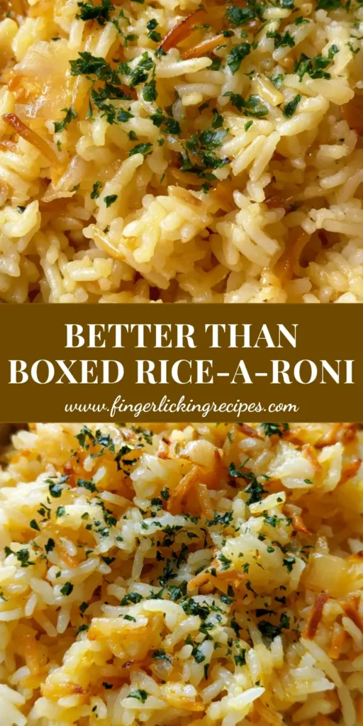 A ceramic bowl of Homemade Rice-A-Roni showing toasted golden-brown vermicelli, fluffy long-grain rice, and green parsley flakes.