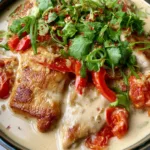 Golden brown chicken breast pieces searing in a pan for Creamy Coconut Milk Chicken. (Creamy Coconut Milk Chicken)