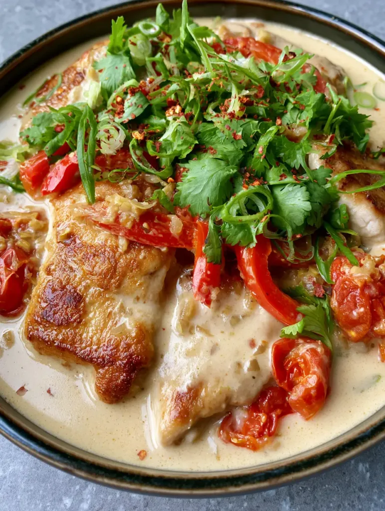 Golden brown chicken breast pieces searing in a pan for Creamy Coconut Milk Chicken. (Creamy Coconut Milk Chicken)