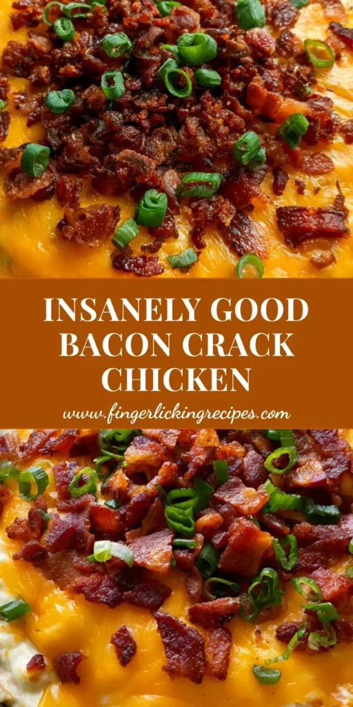 A handheld smartphone photo of Slow Cooker Crack Chicken featuring shredded chicken in cream cheese sauce topped with melted orange cheddar and crispy bacon.