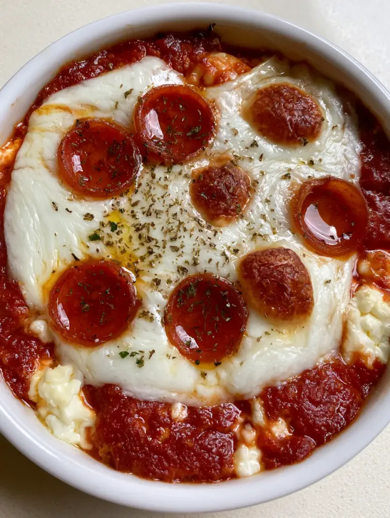 Close-up of a baked cottage cheese pizza in a ramekin, showing toasted golden-brown spots and glistening oil on pepperoni slices.
