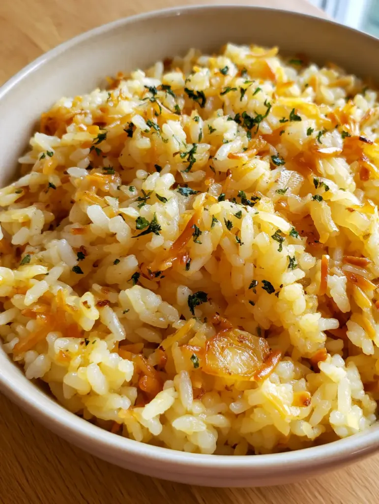 Close-up high-angle shot of Homemade Rice-A-Roni in an off-white ceramic bowl, glistening with butter and flecked with parsley.