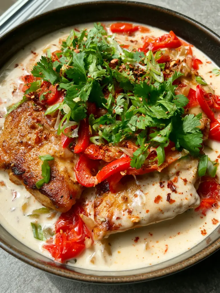Creamy Coconut Milk Chicken in a dark ceramic bowl with cilantro and scallion garnish. (Creamy Coconut Milk Chicken)