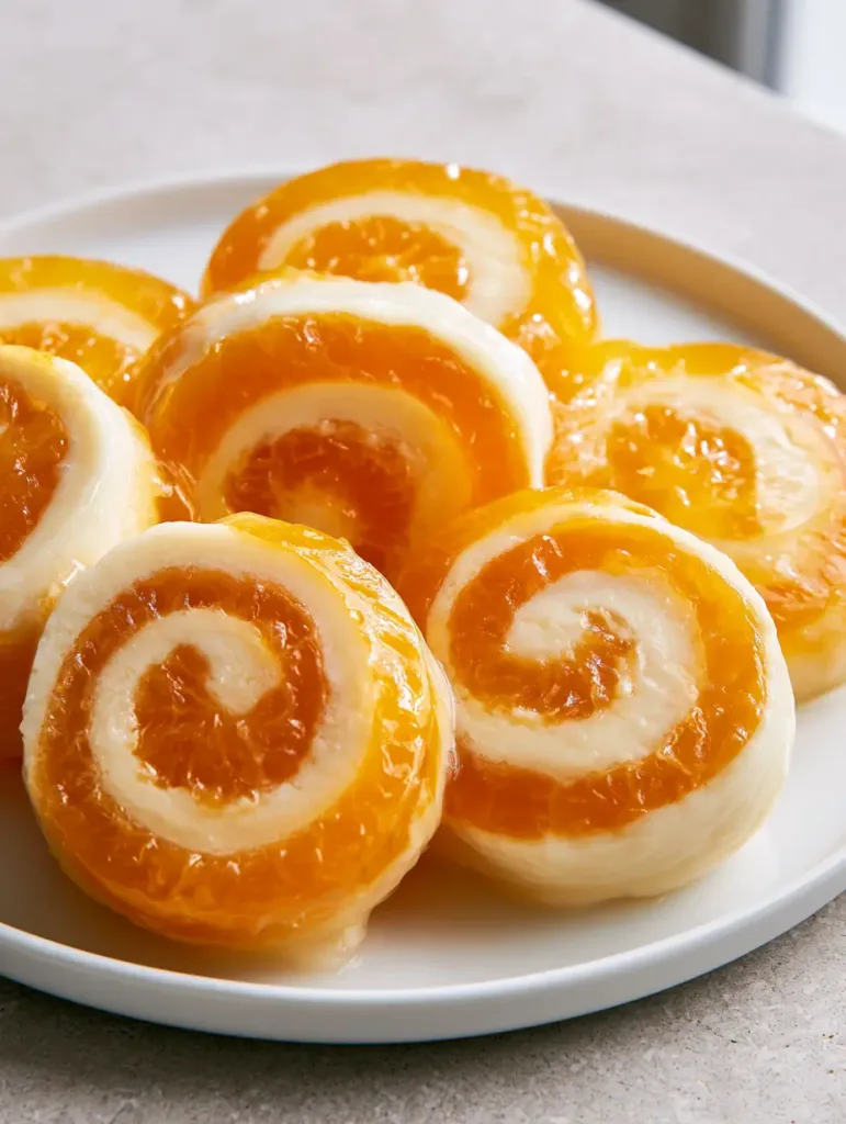 Close up of Creamsicle Vodka Jello Rollups showing the translucent orange and opaque white layers.