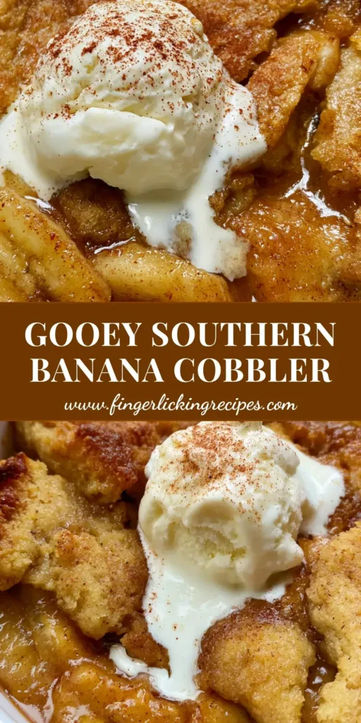 Southern Banana Cobbler: The Ultimate Warm and Caramelized Comfort Dessert 5 A top-down view of a Southern Banana Cobbler in a ceramic dish with caramelized bananas, a golden crust, and a large scoop of melting vanilla ice cream.
