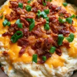 High-angle close-up of Slow Cooker Crack Chicken in a dark ceramic pot showing ranch seasoning specks and melted cheese.