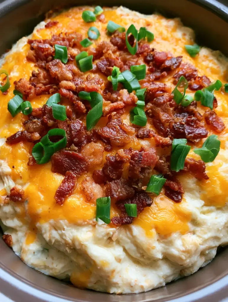 High-angle close-up of Slow Cooker Crack Chicken in a dark ceramic pot showing ranch seasoning specks and melted cheese.