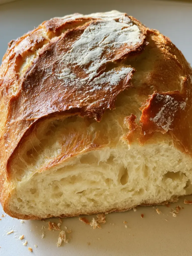 Handheld photo of a rustic Italian bread loaf with visible fissures and a light flour dusting. (Crusty Italian Bread Recipe)
