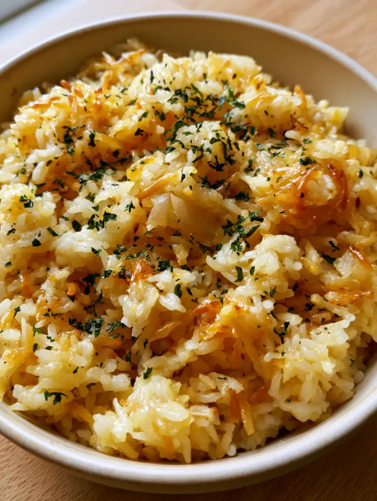 High-angle view of Homemade Rice-A-Roni on a light wood tabletop showing the contrast of deep golden pasta and white rice.