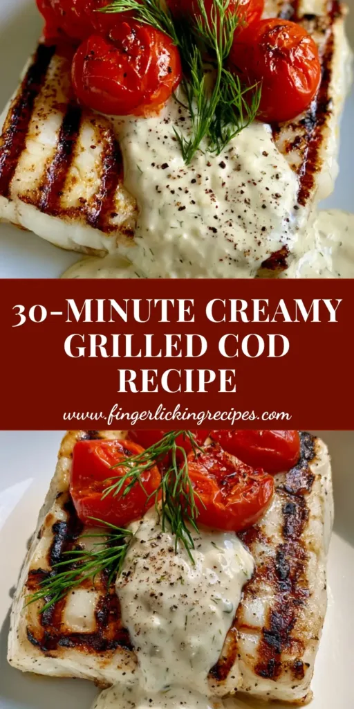 Grilled Cod with Creamy Dill Sauce: The Ultimate 20-Minute Gourmet Dinner 4 A top-down view of Grilled Cod with Creamy Dill Sauce in a white bowl, garnished with blistered tomatoes and fresh dill sprigs.