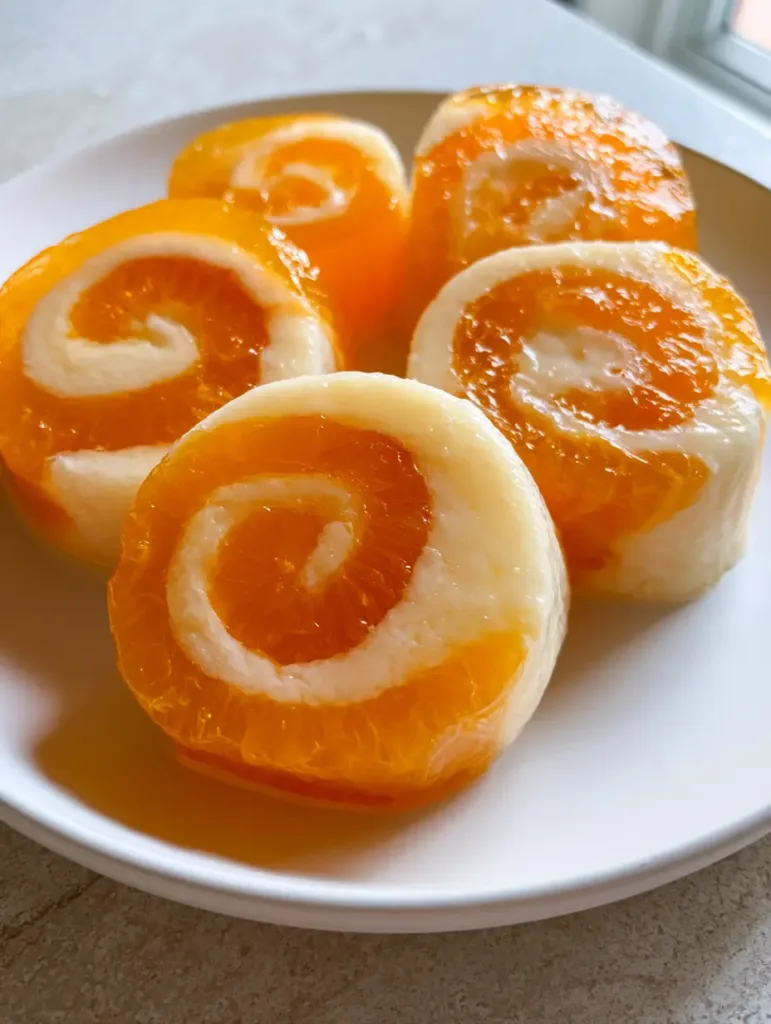 Creamsicle Vodka Jello Rollups neatly sliced on a clean white ceramic plate.