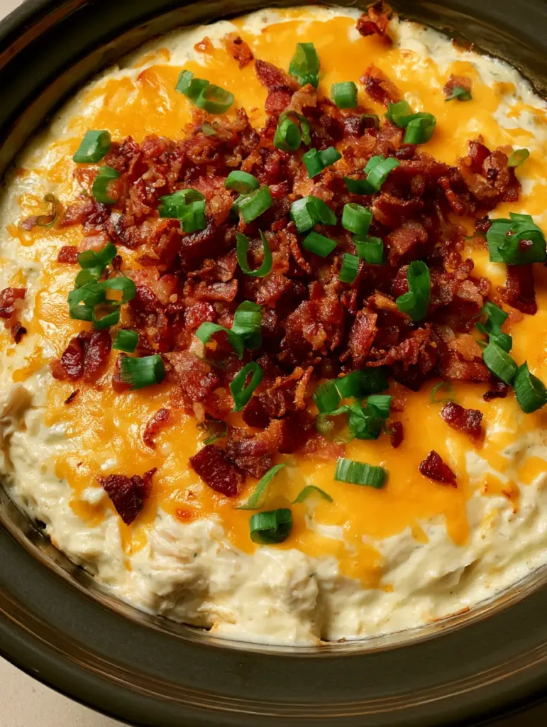 A close-up of bubbly melted orange cheddar cheese topped with crispy bacon and fresh scallions on Slow Cooker Crack Chicken.