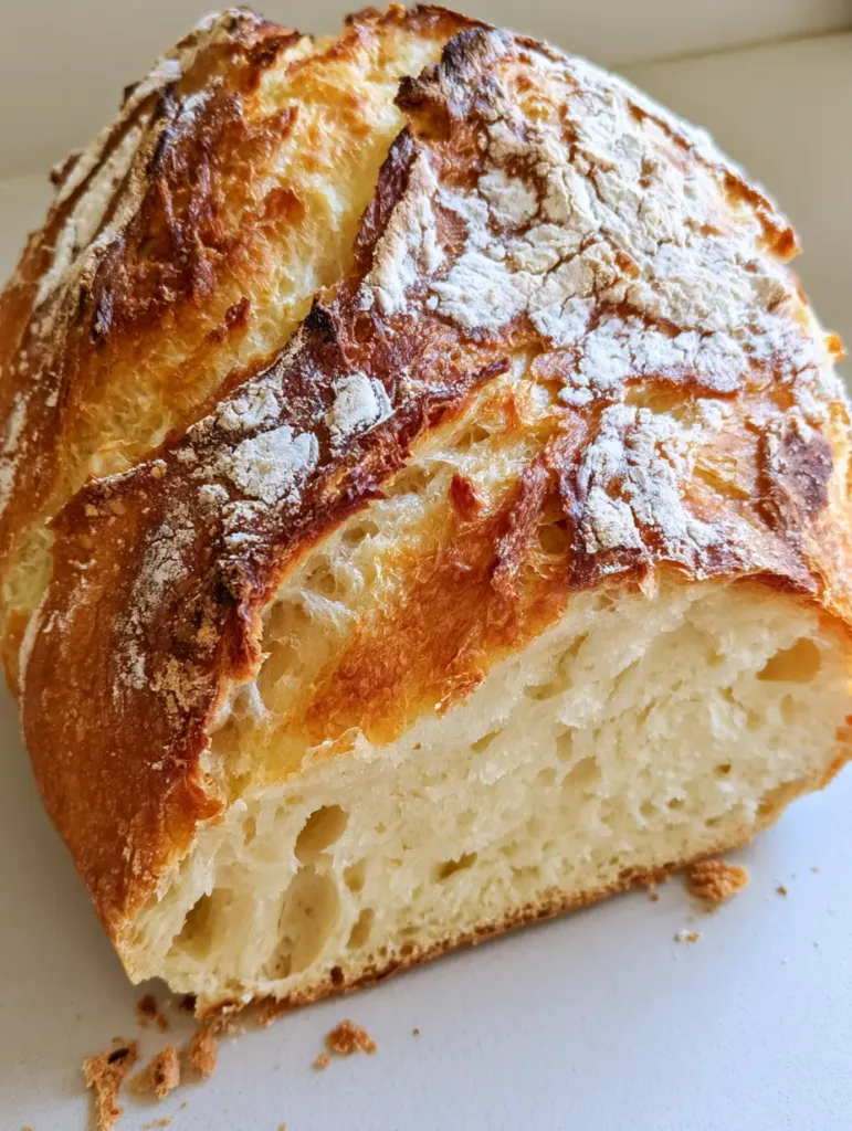 Close-up of sliced Italian bread revealing a pale cream interior with large airy holes.