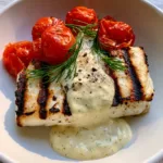Close-up of rectangular grilled cod fillet with charred marks and blistered tomatoes. (Grilled Cod with Creamy Dill Sauce)