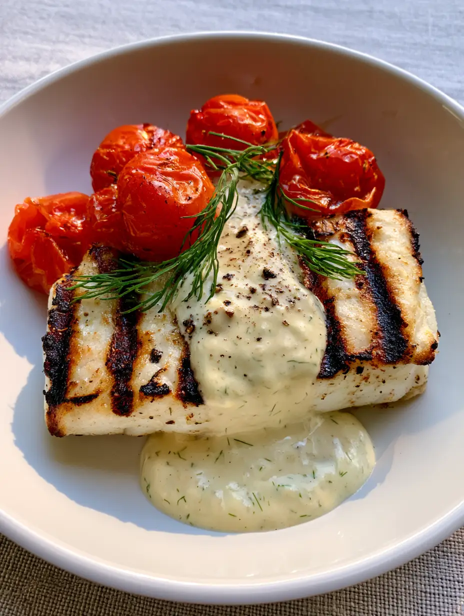 Grilled Cod with Creamy Dill Sauce: The Ultimate 20-Minute Gourmet Dinner 5 Close-up of rectangular grilled cod fillet with charred marks and blistered tomatoes. (Grilled Cod with Creamy Dill Sauce)