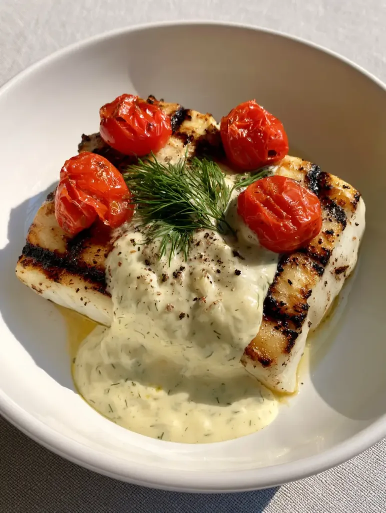 Grilled Cod with Creamy Dill Sauce: The Ultimate 20-Minute Gourmet Dinner 2 Grilled cod resting in a shallow white ceramic bowl with thick dill cream sauce and fresh dill sprigs. (Grilled Cod with Creamy Dill Sauce)