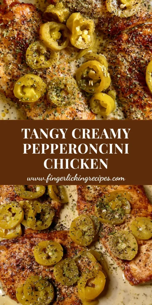 A top-down view of a Creamy Pepperoncini Chicken Skillet in a cast iron pan with ivory sauce and sliced green peppers.