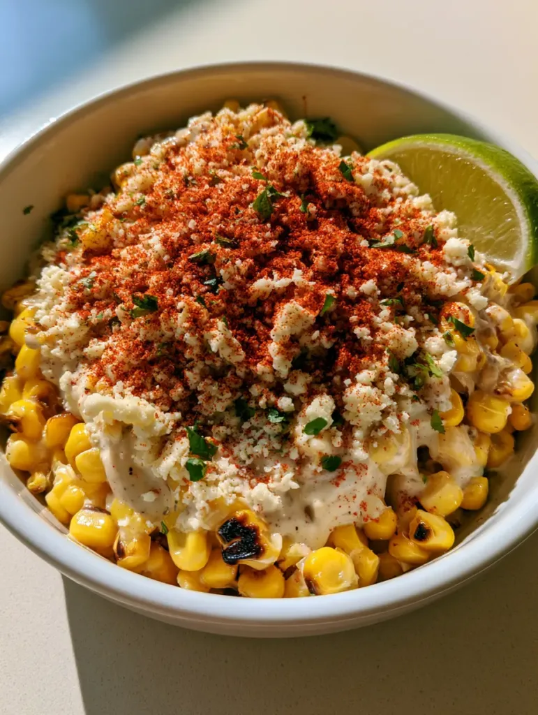 Close-up of bright yellow corn kernels with dark brown charred edges in a glossy white cream sauce. (Mexican Street Corn Recipe)