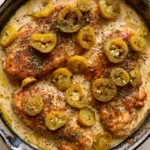 Seared golden-brown chicken breasts in a thick ivory cream sauce with pepperoncini slices and cracked black pepper.