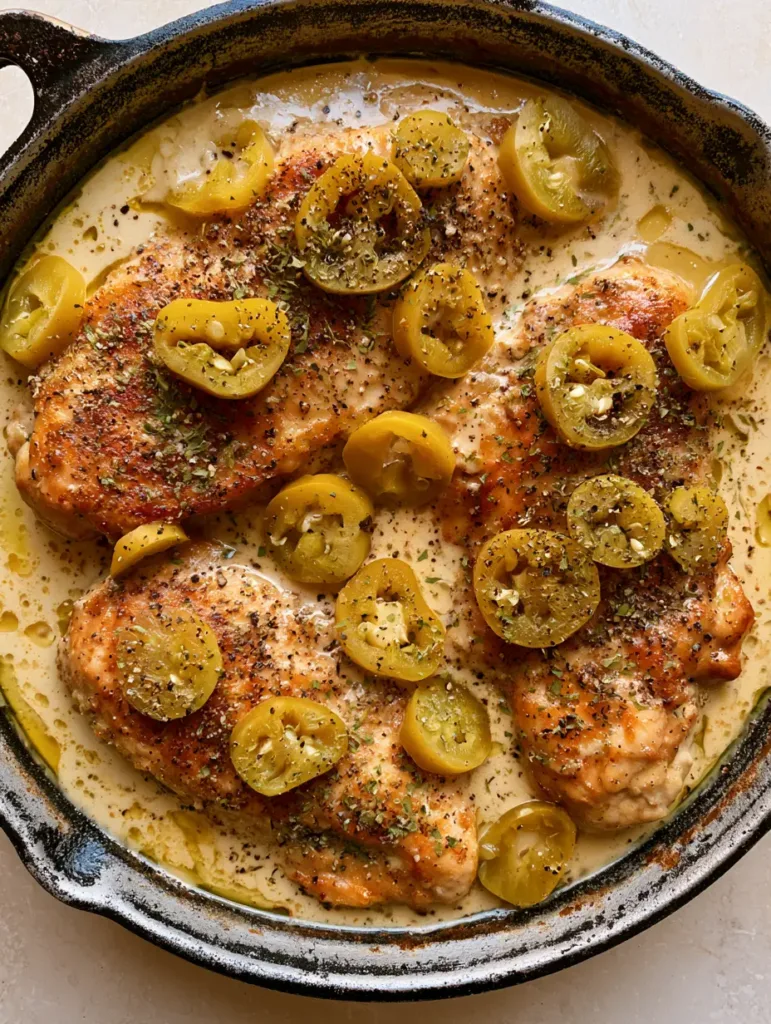 Seared golden-brown chicken breasts in a thick ivory cream sauce with pepperoncini slices and cracked black pepper.