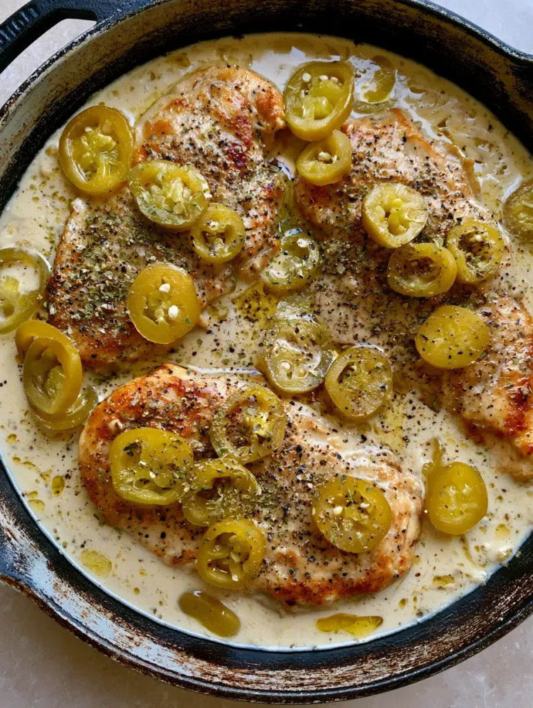 A weathered cast iron skillet containing Creamy Pepperoncini Chicken with yellowish-green peppers and herb flakes.
