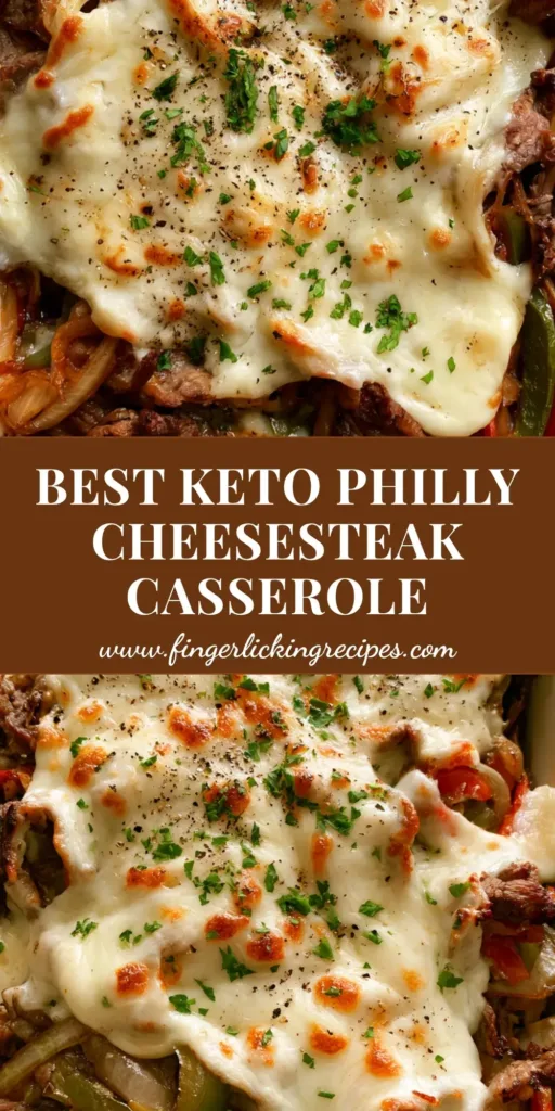 A vertical Pin image showing a Keto Philly Cheesesteak Casserole in a white dish with melted bubbly provolone cheese, seared ribeye, and peppers. (Keto Philly Cheesesteak Casserole)