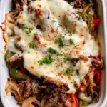 Keto Philly Cheesesteak Casserole with Seared Ribeye and Bubbly Provolone Top-down view of a rectangular white ceramic baking dish filled with seared ribeye, peppers, and bubbly provolone. (Keto Philly Cheesesteak Casserole)
