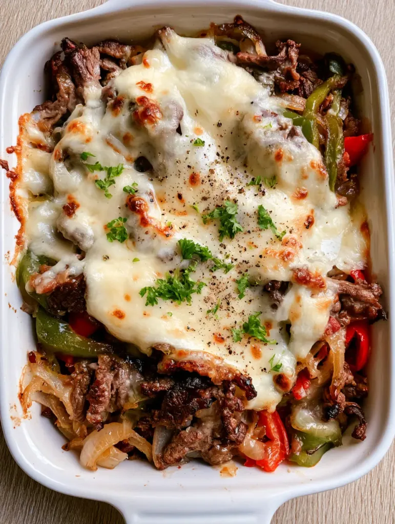 Top-down view of a rectangular white ceramic baking dish filled with seared ribeye, peppers, and bubbly provolone. (Keto Philly Cheesesteak Casserole)