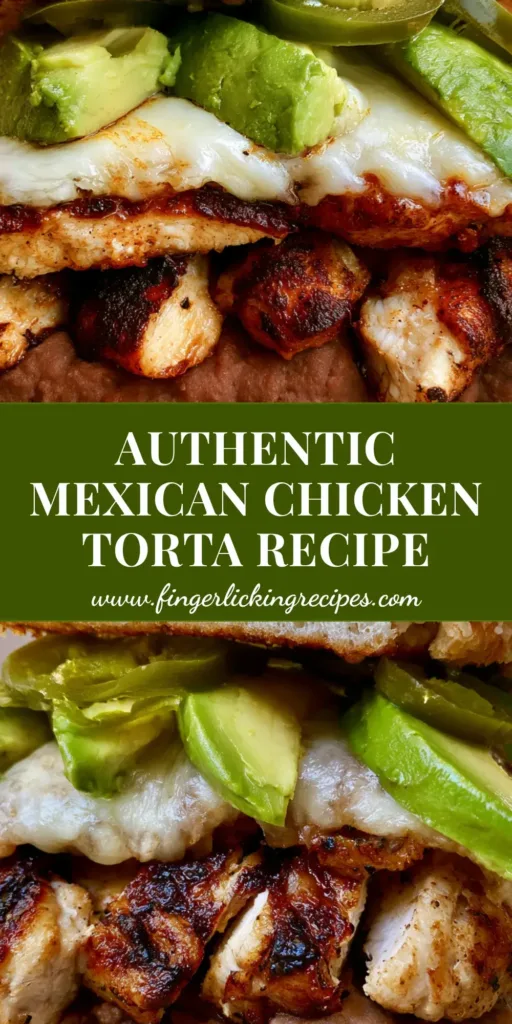A close-up, handheld photo of a Chicken Torta Sandwich on golden telera bread with grilled chicken, melted cheese, and avocado.