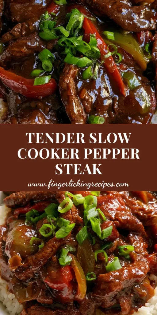 A top-down close-up shot of Slow Cooker Pepper Steak featuring tender beef strips in a glossy dark gravy over white rice with red and green peppers.