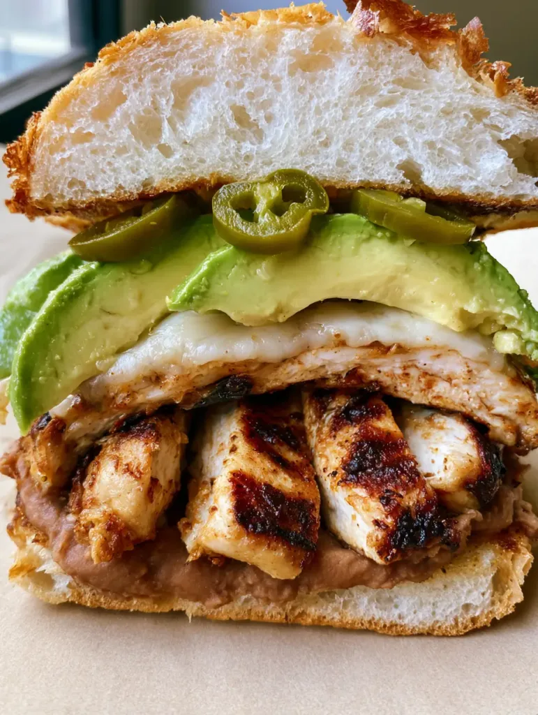 Handheld smartphone photo of a Chicken Torta Sandwich served on parchment paper with bright green avocado and jalapeños.