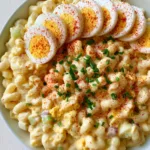 Close-up of Deviled Egg Macaroni Salad showing thick pale-yellow dressing, macaroni, and chopped egg whites.