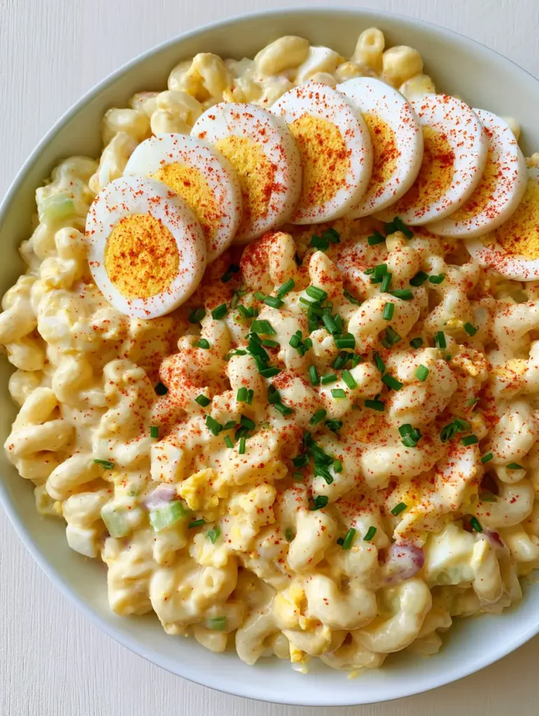Deviled Egg Macaroni Salad: The Ultimate Creamy Potluck Classic 3 Close-up of Deviled Egg Macaroni Salad showing thick pale-yellow dressing, macaroni, and chopped egg whites.