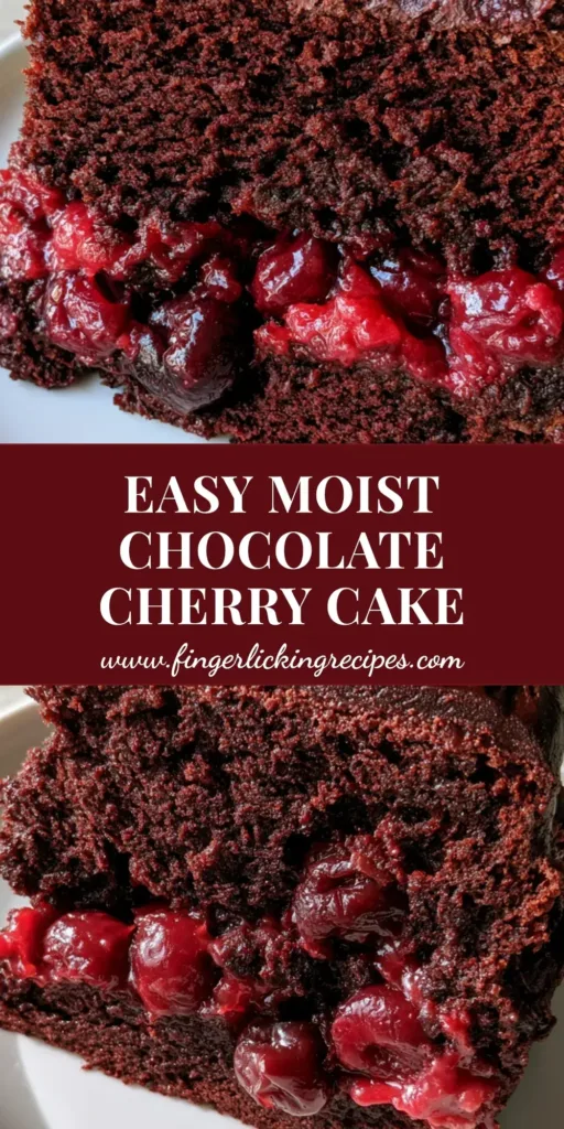 A thick slice of moist Chocolate Cake with Cherry Pie Filling on a white ceramic plate, featuring whole cherries and dark frosting.