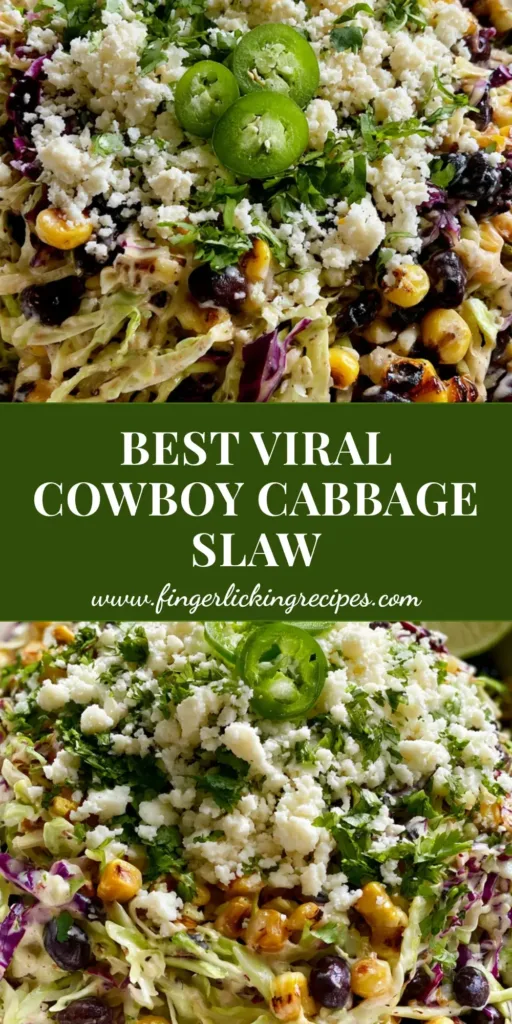 A top-down view of a vibrant Cowboy Cabbage Slaw in a white bowl, garnished with cotija cheese, cilantro, and jalapeños.