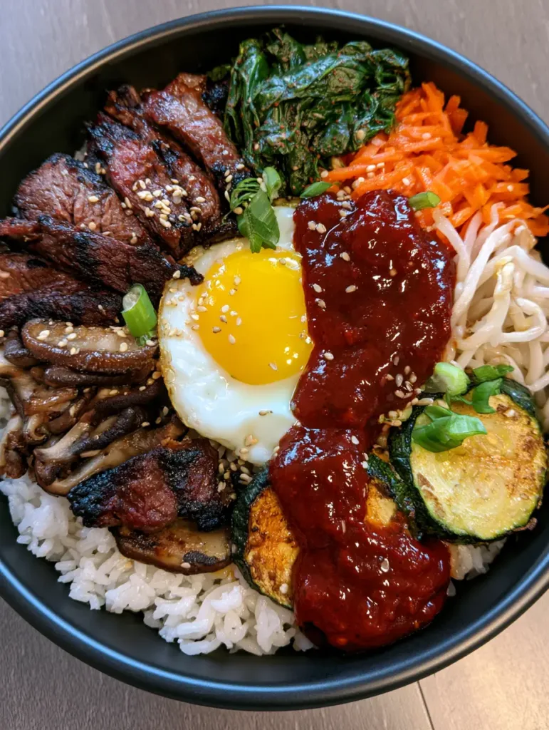 Smartphone photo of Bibimbap in a black bowl featuring seared zucchini, shiitake mushrooms, and gochujang sauce. (Bibimbap Recipe)