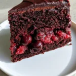Close-up of the moist dark chocolate sponge and glossy red cherry pie filling pockets. (Chocolate Cake with Cherry Pie Filling)