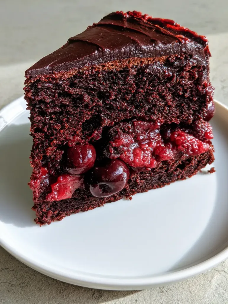 Close-up of the moist dark chocolate sponge and glossy red cherry pie filling pockets. (Chocolate Cake with Cherry Pie Filling)