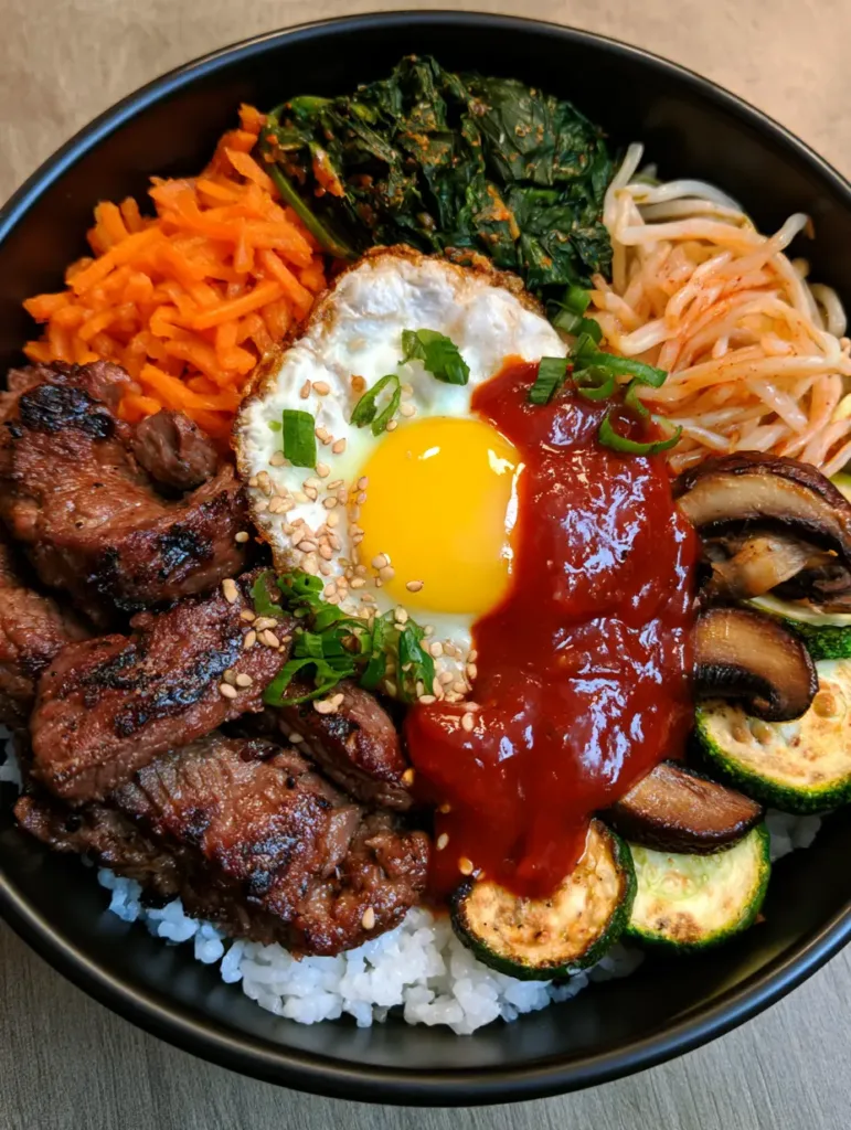 Detailed top-down shot of a Bibimbap bowl with focus on the runny egg yolk and toasted sesame seeds garnish. (Bibimbap Recipe)