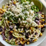 A close-up handheld smartphone photo of Cowboy Cabbage Slaw showing the textures of charred corn and shredded purple cabbage.